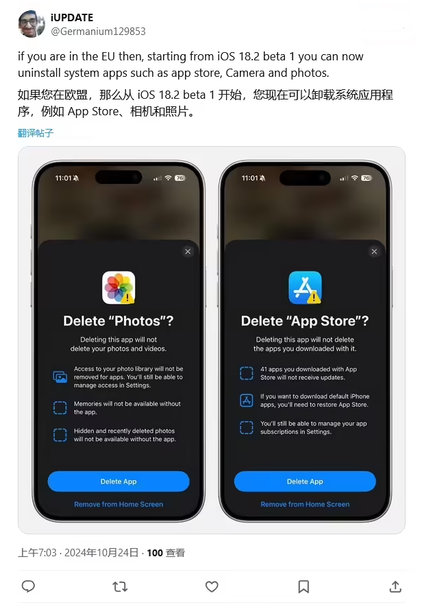 芒市苹果手机维修分享iOS 18.2 支持删除 App Store 应用商店 