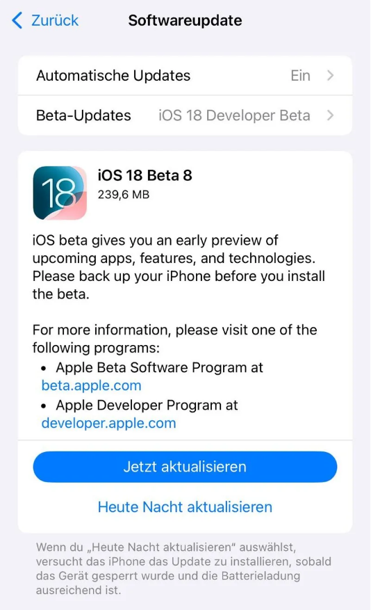 芒市苹果手机维修分享苹果 iOS / iPadOS 18 开发者预览版 Beta 8 发布 